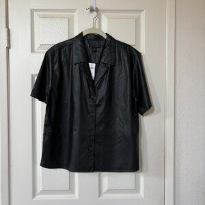 NWT Banana Republic Black Vegan Leather Short Sleeve Button Up Shirt M